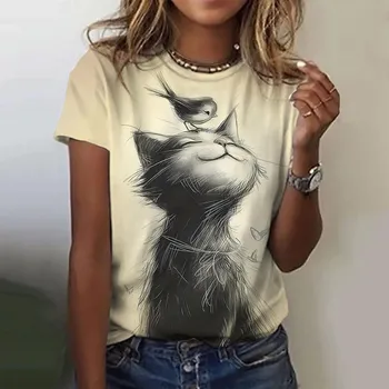 Новая футболка с принтом Kawaii Cat для женщин, топы больших размеров, летняя женская трендовая одежда 2024 года, футболка с круглым вырезом, женские футболки с коротким рукавом S