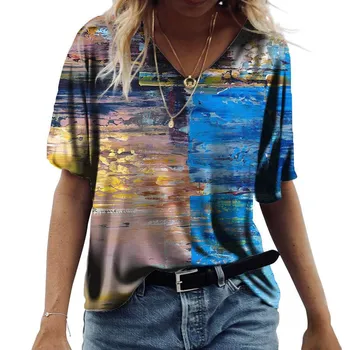 Летняя художественная роспись Tie Dye 3D принт женская мода красочная футболка с коротким рукавом V-образный вырез футболки уличная одежда сексуальные женские футболки топы S
