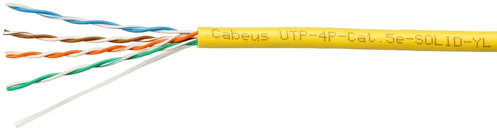 Кабель витая пара U/UTP 5e кат. 4 пары Cabeus UTP-4P-Cat.5e-SOLID-YL-100 (24 AWG), одножильный, PVC нг(А)-LS, желтый (100 м)