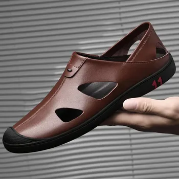 FashionBrand Мужская мода коровья кожа дышащие повседневные сандалии с головкой летние уличные легкие полые мягкие подошвы повседневные кожаные туфли 37 чёрный