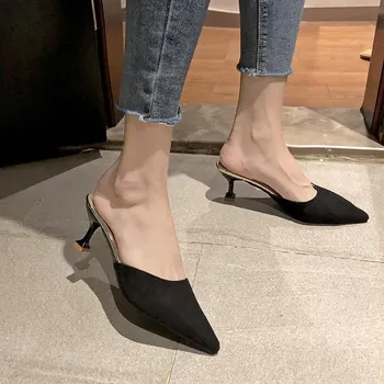 Fashion Summer Women s Pointed Toe Thin Heel Mules New Shallow Heeled Shoes for Women Outdoor Dress Party Women s High Heel Slippers 34 жёлтый