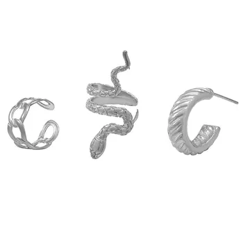 Корейские ювелирные серьги, серьги-гвоздики в форме змей, набор из 3-х клипс, серьги-гвоздики в форме буквы С, открытые серьги, золото и серебро.