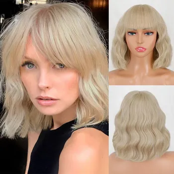 LISI HAIR Короткая волна Боб Розовый Белый Парик Градиента с Челкой Синтетическое Волокно Короткие Волнистые Повседневная Одежда Косплей Парик для Женщин