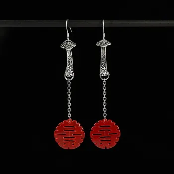 Original design earrings, ancient silver jade dry green double happiness characters, long fringed earrings, retro temperament earrings, women s