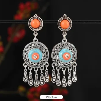 Mongolian minority stud earrings retro women s long tassel Tibetan silver earrings Tibetan exotic Chinese earrings