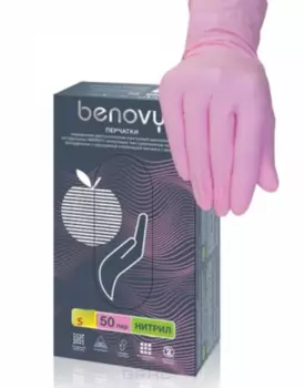 Benovy, Перчатки нитриловые, неопудренные, 3,8 г, 100 шт, розовые (3 размера), 100 шт, S, Розовые