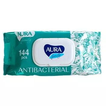 Aura Влажные салфетки с антибактериальным эффектом big-pack с крышкой для всей семьи, 144 шт. (Aura, Влажные салфетки)