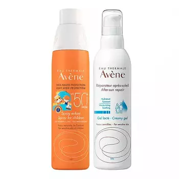 Avene Набор для защиты от солнца (Детский солнцезащитный спрей для чувствительной кожи SPF50, 250 мл + Крем-гель восстанавливающий после солнца, 200 мл) (Avene, Suncare)