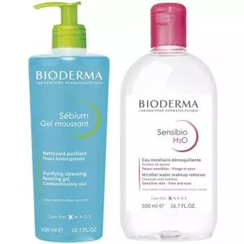 Bioderma Набор для очищения жирной кожи (гель, 500 мл + мицеллярная вода, 500 мл) (Bioderma, Sebium)