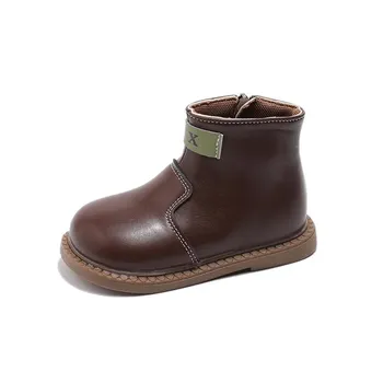 New Children s Boot Patchwork Versatile Girls Ankle Boots Solid Color Causal Kids Boys Fashion Leather Boots Non-slip Breathable 21 коричневый