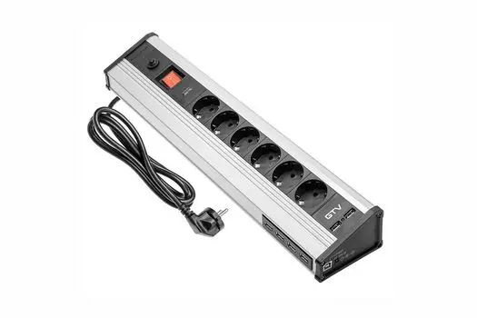 Блок розеток настольный 6 розеток (Schuko) 6хUSB, алюминий, с проводом 1,8 метра
