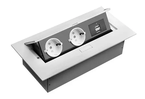 Блок розеток прямоугольный врезной 2 розетки AE-PBU02GS-10 (Schuko) 2xUSB, белый, без провода