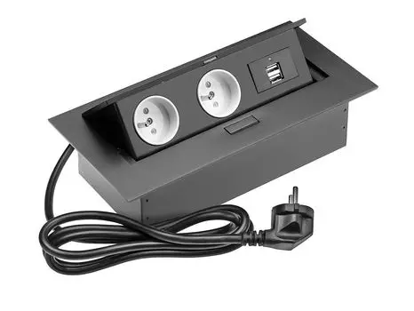 Блок розеток прямоугольный врезной 2 розетки AE-PBU2GU-20 (French) 2xUSB, черный, с проводом 1,5 метра