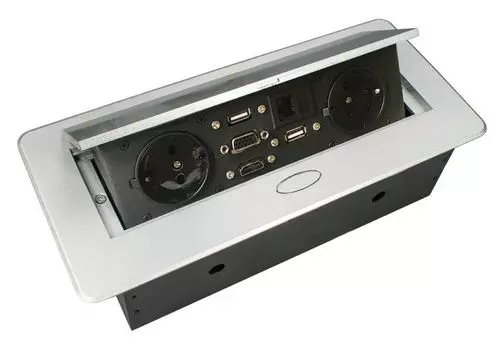 Блок розеток прямоугольный выдвижной 2 розетки (Schuko), 2xUSB, 1xLAN;1xHDMI, 1xVGA, max 3600W, 250V, с проводом 2,0 метра, серебро