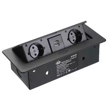 Блок розеток прямоугольный выдвижной 2 розетки (Schuko), 2xUSB, max 2700W, 250V, с проводом 2,0 метра, черный