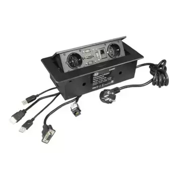 Блок розеток прямоугольный.выдвижной 2 розетки (Schuko), 2xUSB, 1xLAN; 1xHDMI,1xVGA, 2700W, 250V, провод 1,8м,черный