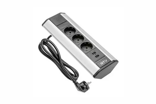 Блок розеток угловой 3 розетки AE-PBKT3S2U-80 (Schuko) 2xUSB, серый, с проводом 1,5 метра