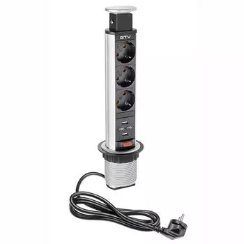 Блок розеток выдвижной 3 розетки AE-BPW3S60U-80 (Schuko) 2xUSB, серый, с проводом 1,5 метра