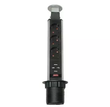 Блок розеток выдвижной 3 розетки (Schuko), 2xUSB, max 3500W, 250V, 2USB max 2,1 A с проводом 1,8м с вилкой , серебро
