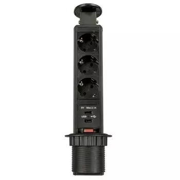 Блок розеток выдвижной 3 розетки (Schuko), 2xUSB, max 3500W, 250V, 2USB max 2, A с проводом 1,8м с вилкой , черный