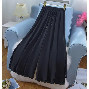 WTEMPO Chiffon Wide-leg Pants Summer Thin Nine Points Loose and Thin High Waist Versatile Solid Color Super Fairy Trouser L синий