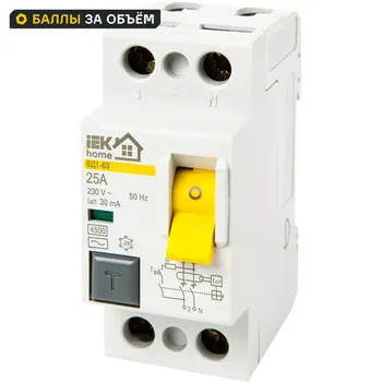 УЗО IEK Home ВД1-63 1P N 25 А 30 мА 4.5 кА AC MDV10-2-025-030
