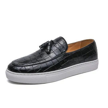 Модные роскошные мокасины с кисточками Slip On, мужская обувь, мягкая повседневная кожаная обувь, мужская обувь для вечеринок с крокодиловым узором для мужчин, бесплатно 38 чёрный
