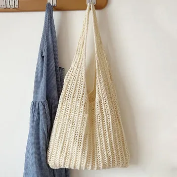 Summer Knitted Hollow Underarm Bag Women s Large Capacity Shopper Tote Bag Simple Design Casual Travel Handbags 35x5x29cm