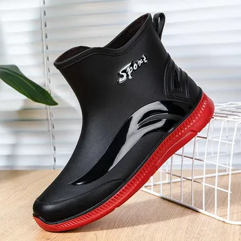 Water shoes men s rain shoes non-slip waterproof shoes fleece rain boots closed rubber shoes short rubber shoes men 40 чёрный