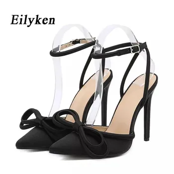 Eilyken, новые женские туфли-лодочки, свадебные туфли с узлом-бабочкой, дизайнерские модные сандалии для стриптиза с острым носком, туфли на высоком каблуке-шпильке 35 синий