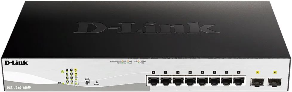 Коммутатор D-link DGS-1210-10MP/F3A 8xUTP 100/1000 PoE+, 2xSFP Gigabit, 130Wt, 19"