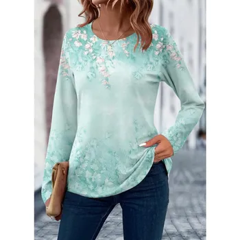 Women s T shirt 3D Print Floral Leaf Design Long Sleeve Daily Weekend Fashion Round Neck Regular Fit Spring & Summer S