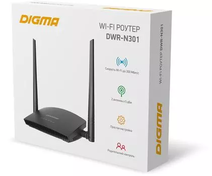 Wi-Fi роутер Digma DWR-N301, 802.11a/b/g/n, 2.4 ГГц, до 300 Мбит/с, LAN 3x100 Мбит/с, WAN 1x100 Мбит/с, внешних антенн: 2x5 дБи (1787694)