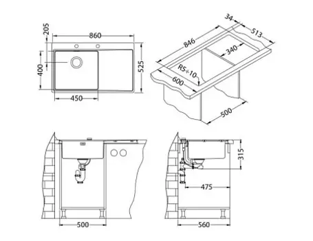 Мойка кухонная Alveus PURE 50L new KMB-90 860X525 левая в компл. с сифоном 1148858