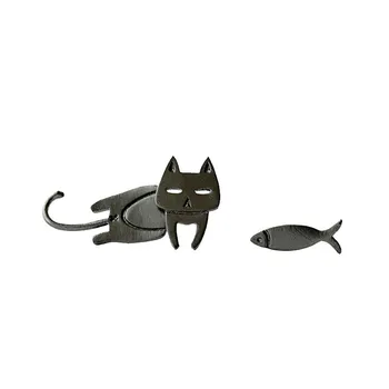 1 пара асимметричных сережек-гвоздиков с котом и рыбой для женщин, подарок, модные серьги, ювелирные изделия, подарок чёрный