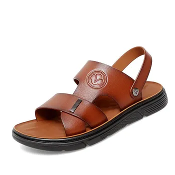 FashionSummer Men s Leather Beach Shoes Sandals Cow Quality Genuine Leather Non-slip Men s Slippers Breathable Two Uses Sandals Shoes 38 чёрный