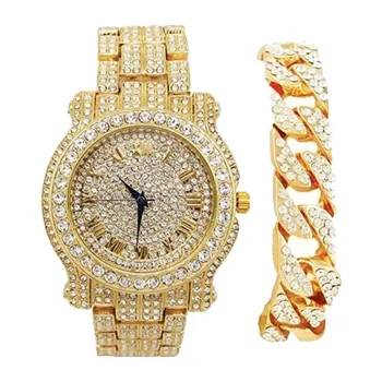 Роскошные мужские часы Bling-ed Out Round WBling-ed Out Cuban Bracelet - L0504B - GoldGold