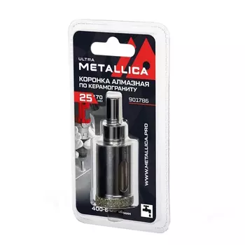 Коронка алмазная Metallica Ultra 901786, 25х70 мм, #46, с сверлом, по керамограниту, плитке, в блистере