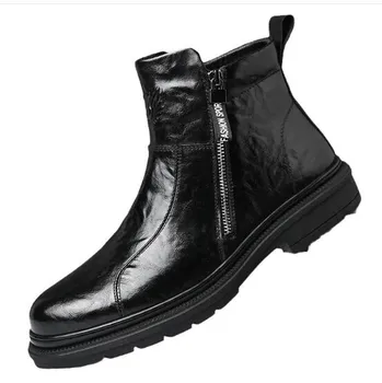 Fashion Men high top new thin breathable British wind thick bottom plus velvet motorcycle black boots bota masculinas de couro D580 38