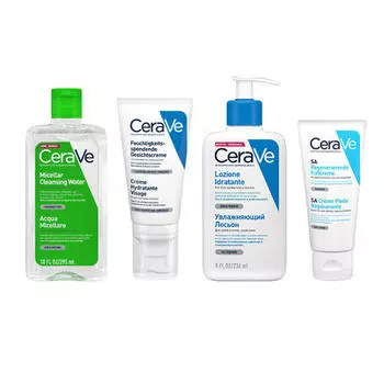 CeraVe Набор Базовый увлажняющий (Увлажняющая мицеллярная вода, 295 мл + Увлажняющий лосьон, 52 мл + Увлажняющий лосьон, 88 мл + Крем для сухой кожи ног, 88 (CeraVe, Увлажнение кожи)