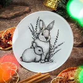 Тарелка обеденная, стекло, 23 см, круглая, Крольчонок с мамой, Daniks