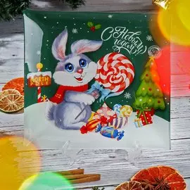 Тарелка обеденная, стекло, 23х23 см, квадратная, Кролик с леденцом, Daniks
