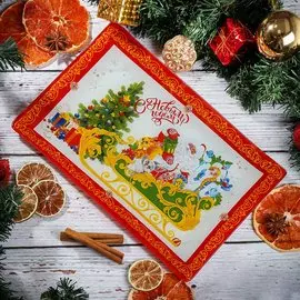 Тарелка десертная, стекло, 20х30 см, прямоугольная, Новогодняя открытка, Daniks, красная