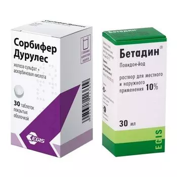 1X Бетадин раствор для местного и наружного применения 10% 30мл + 1X Сорбифер Дурулес таблетки п/о плен. фл. 30шт