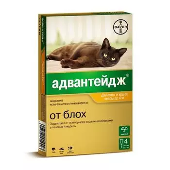 Адвантейдж капли от блох для котят и кошек весом до 4кг пипетка 0,4мл 4шт