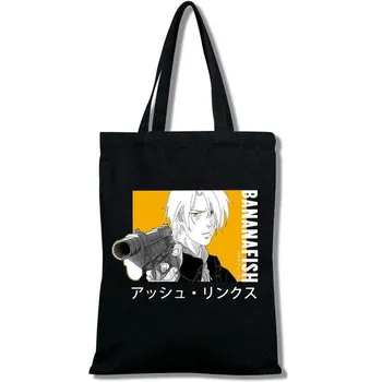 Аниме Банан Рыба Мультфильм Аниме Графика Harajuku Черный Холст Печати Сумки для покупок Lives Fashion Повседневная посылка Большая сумка 24*26cm