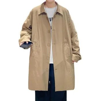 Мужская ветровка, пальто с лацканами, длинным рукавом, пуговицами, планкой, тренчкотом с карманами, однотонный свободный крой, верхняя одежда средней длины 2XL чёрный
