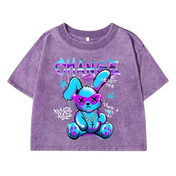 Trendy Rabbit Cartoons Print Women Washed Shrot Clothes Casual Tshirts Street Vintage Tee Tops Cool Distress T Shirts M
