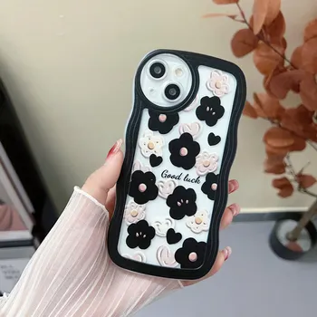 Прозрачный силиконовый чехол с волнистым краем для Xiaomi Redmi Note 10 11 12 iPhone 15 14 13 11 Samsung A14 A24 A34 A54 Funda, чехол с черными и белыми цветами Infinix Hot 10 (X682)