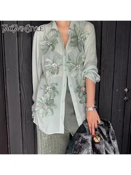 TWOTWINSTYLE однотонная лоскутная блузка с перьями High Street для женщин, рубашки с длинными рукавами и пуговицами с лацканами, женская мода, новинка
